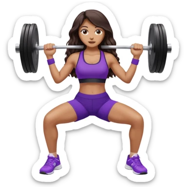 mujer de tez trigueña, con cabello castaño oscuro ondulado no muy marcado, con el cabello hasta las nalgas super largo estilizado, con ropa deportiva morada/lila, tenis blancos deportivos y levantando una pesa sticker