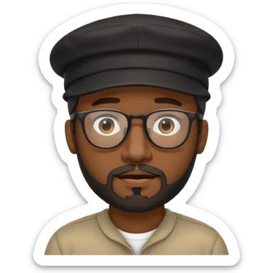 a dark guy with a goate and not bushy mustache and a beard and a cap worn backwards black too wearing glasses sticker