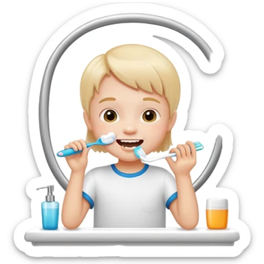 child brushing teeth in front of a bathroom mirror, cheerful expression sticker