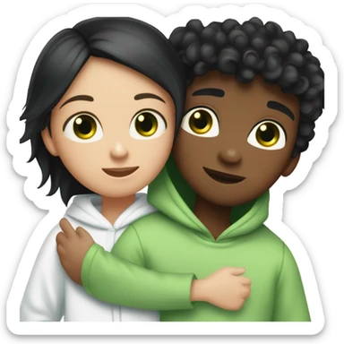 A black haired girl with green eyes who is approximately 5,2 with a black hoodie and pijamas hugging a blue eyed light brunette boy with freckles wearing pijamas and a white hoodie sticker