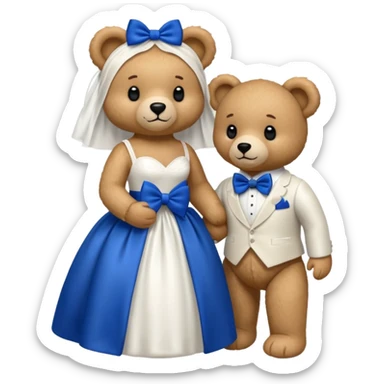 Teddy bear wearing white wedding dress holding the hand to another teddy bear wearing a big royal blue bow tie. The one with the white dress has no bows sticker