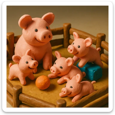 claymation style pig family in a wooden pen, piglets playing, colorful and cheerful sticker