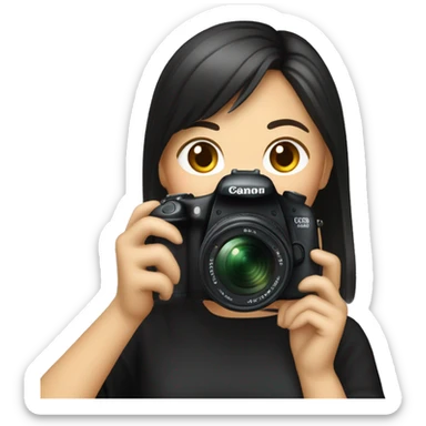 A woman of Asian descent, with bangs and her hair tied back, dressed in black, is taking a photo with a Canon camera. sticker