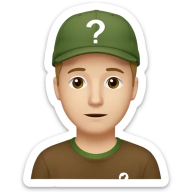 white fat man with brown cap and green t shirt printeed a question mark sticker
