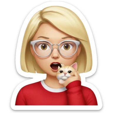 emoji style, side view woman with light skin, blonde bob hair, white cat-eye glasses, red shirt, hand cupped tightly around her mouth, hand close to nose and lips, shouting loudly, energetic expression, simple background sticker