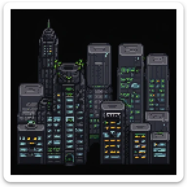 Pixel art night scene of Gotham City. Dark, moody street with a flickering lamppost, trash bins, and a few shadowy human silhouettes. Gritty atmosphere, subtle lighting, cinematic noir vibe. sticker