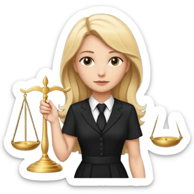 woman lawyer blanche et blonde habillée avec une robe noire longue et une cravate blanche, avec la balance de la justice derrière elle sticker
