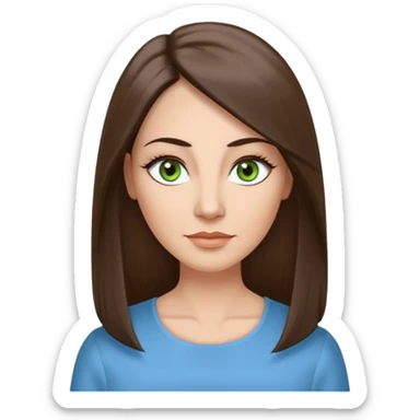 43 year old Adult woman avatar, light skin tone, long, oval face, long straight ashy brown hair, green almond-shaped eyes with dramatic eyelashes and minimal eyeliner, neutral mouth, medium straight eyebrows, small nose, smooth skin, sky blue blouse sticker