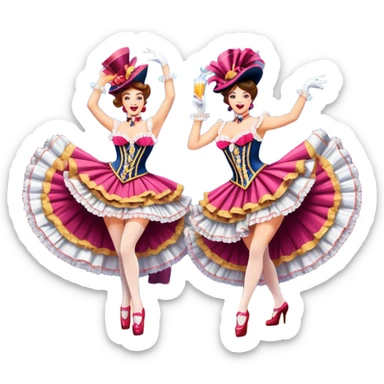 Cinematic Realistic scene of two performers executing a high‑energy Can‑Can, adorned in elaborate French cabaret costumes with frilly layers and dynamic movement, illuminated by vibrant stage lighting sticker