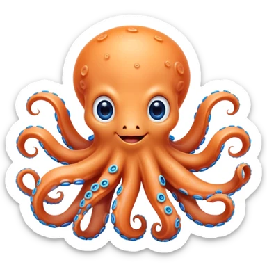 Cinematic Cute smiling Octopus Portrait Emoji, Head tilted playfully and inquisitively, featuring a rounded, light orange body embellished with playful blue rings, eight adorably curling arms, and big, twinkling eyes full of wonder, Simplified yet irresistibly adorable features, highly detailed, glowing with a warm, inviting underwater glow, high shine, affectionate and lively, stylized with a touch of whimsical cartoon charm, soft glowing outline, capturing the essence of a mischievous yet loving octopus that seems as if it could bob out of the screen into your arms! sticker