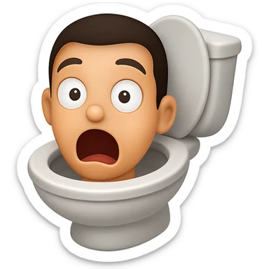 Create an image in the style of apple emojis of a toilet with a cartoonish, exaggerated head emerging from the bowl, looking surprised with wide eyes and open mouth. Use a transparent background. sticker