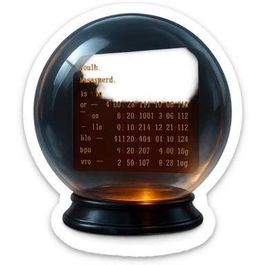 crystal ball with a dark terminal screen inside showing glowing orange text, mysterious hacker theme, techy atmosphere, digital and secretive look, glowing and futuristic sticker