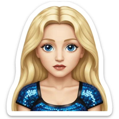 Madonna with blonde long hair, black sequin crop top, blue eye sticker