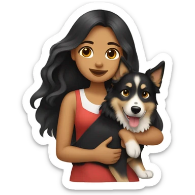 tan girl with long wavy black hair,  hugging a german shepard/husky mix sticker