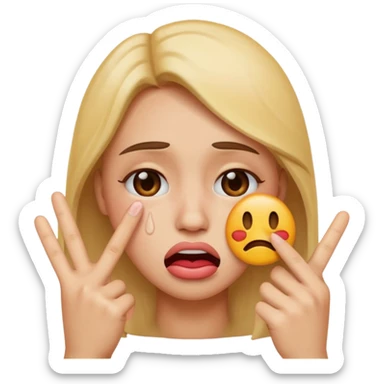 Emoji face crying while doing a kissy face holding up the peace sign sticker