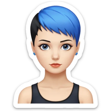 frau, kein kind freche extreme schwarze Kurzhaarfrisur eine Seite wirklich fast keine Haare andere Seite mit blauer Strähne kurze Seite noch viel kürzer sticker