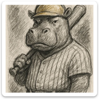hippo holding a baseball bat, wearing a yellow helmet, pinstripes outfit sticker