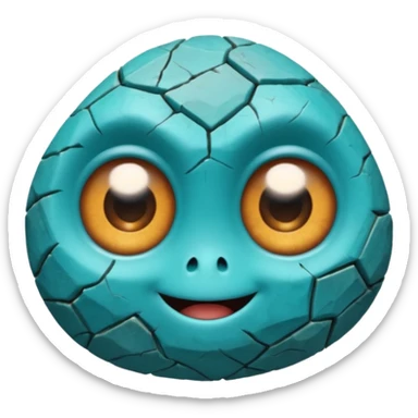 One small turquoise rock creature, rounded but still clearly a rock with cracks and facets, big expressive eyes and a shy smile, sticker
