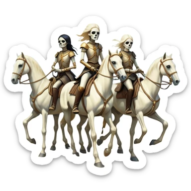 aesthetic brilliant radiant divine lighting, oil paint - ivory Four thin women as riders of the Apocalypse, after a graphic by Albrecht Dürer in a desolate landscape on horse skeletons sticker