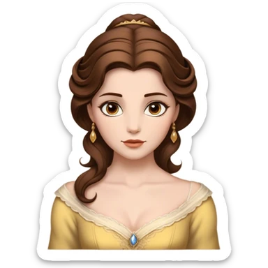 Cinematic Realistic Belle Portrait, depicted with lifelike skin texture, soft natural lighting, and intricately detailed brown hair styled elegantly. Her deep, expressive eyes exude warmth and intelligence, complemented by a serene and graceful expression. She is dressed in her classic attire, with rich fabric textures and delicate folds that catch the light beautifully. The portrait features a soft, enchanting glow with a natural, radiant finish, capturing the essence of timeless beauty in a realistic and painterly style, evoking a sense of depth and authenticity. sticker