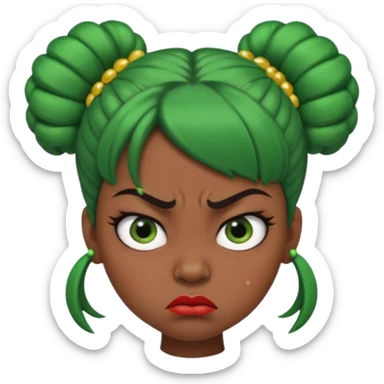 Create a 3D cartoon-style girl character with dark skin, round face, angry expression, big wide eyes, and tightly styled double buns made of green beaded hair. The girl should look irritated, eyebrows sharply angled, and lips pressed in a frown. sticker
