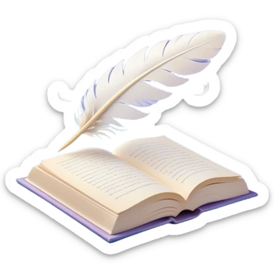 Create a delicate and poetic emoji representing poetry. The design should feature several elegantly flying pages with short poetic columns written on them. The pages should appear light and flowing, almost as if being carried by the wind. Include a white feather gently resting on the pages, symbolizing creativity and inspiration. Use soft, pastel tones like light blues, purples, and creams to give it a dreamy, artistic feel. The design should feel ethereal and whimsical, capturing the essence of poetry. Make the background transparent. sticker