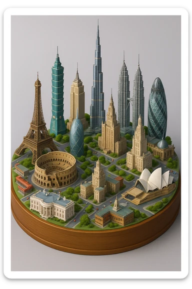 Оставь основу картинки - деревянную подставку, но при этом сгенерируй изометричную, яркая, детализированную и фотореалистичную модель где будет самые узнаваемые здания мира - Эмпайр Стейт Билдинг, Эйфелева башня, Колизей, Сиднейская опера, стадион Сан-Сиро, Белый Дом Пизанская башня, здание МГУ, Бурдж-Халифа, Башни Петронас, Небоскрёб Фостера в Лондоне, Рейхстаг, Тайбэй. Здания не должны повторять и должны быть на картинке в единственном экземпляре sticker