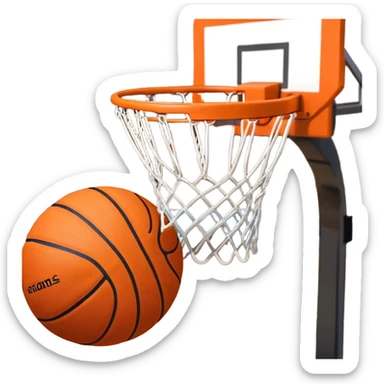 A close-up shot of a basketball entering the hoop, with the ball swishing through and inside  the basket. The background features a blurred basketball court, emphasizing the perfect shot and the excitement of the game. sticker