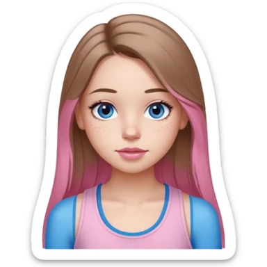 Create a TEENAGE girl with LONG and straight light brunette hair with a middle part, light skin, light freckles, and blue-gray eyes. She will have pink lips and LONG eyelashes. She will be wearing a light pink tank top sticker