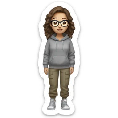 Full body Girl wirh Brown hair and round glasses and a grey hoodie and cargo pants sticker