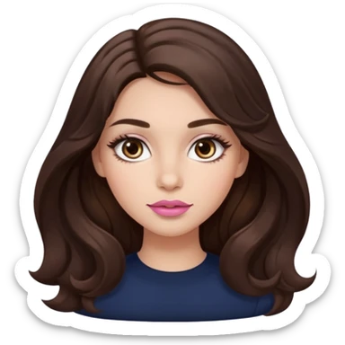 girl with wavy long dark brown hair, brown eyes, light to medium complexion, long lashes, almond shaped eyes, light pink lipstick sticker