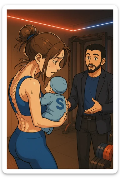 ispirati a questo stile di disegno e fai questa immagine in versione manga/webtoon a colori, il manga mostra la donna preoccupata di profilo con la postura sbagliata e incurvata, spalle chiuse e curve in avanti, con un neonato in braccio con una tutina azzurra e la scritta "S" sulla schiena, spina dorsale storta della donna in evidenza mentre ascolta l'uomo mentre l'uomo gli sta spiegando una cosa, ma non fare i fumetti, fai come se stessero parlando sticker