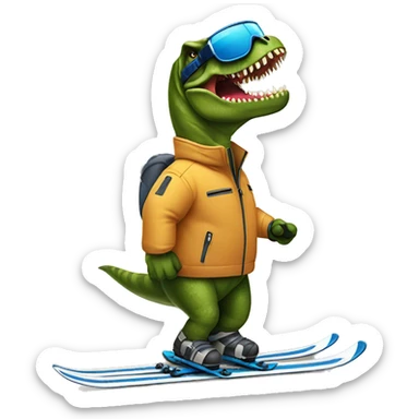 Tyrannosaurus rex downhill skiing wearing a jacket holding poles sticker