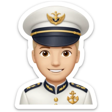A light-skinned man with brown eyes, smiling while wearing a white captain’s hat with a navy emblem. sticker