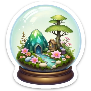 Sparkly shiny iridescent Mystical woodland glass-dome-terrarium-globe with moss inside, with marbles, with pebbles, crystals, with bones inside, and flowers inside  sticker