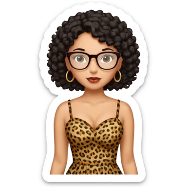 A women who wears glasses with a black curly hair, in a leopard print dress sweetheart neckline  sticker