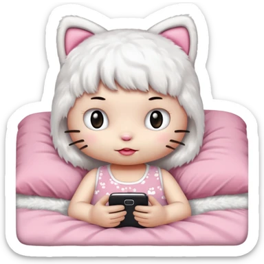 hello kitty without a mouth tucked into bed and using her phone sticker