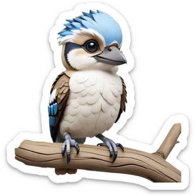 cinematic-kookaburra-realistic-full-body-perched-emoji,-compact-sturdy-frame-balanced-on-a-weathered-branch,-blue-and-white-feathered-wings-folded-neatly,-bold-striped-face-with-a-mischievous-glint-in-its-eye,-massive-sharp-beak-slightly-open-as-if-ready-to-laugh,-simplified-yet-realistic-focused-features,-highly-detailed,-glowing-with-a-warm-golden-light sticker