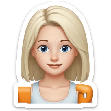 Una chica de tez blanca con pecas, nariz respingada, labios gruesos, ojos grandes color azul grisáceo, pelo largo, lacio, color avellana. Con una blusa de tirantes blanca. Que este sonriendo y q solo se vea de la cintura hacía arriba sticker