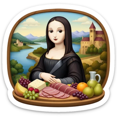  goth mona lisa with SPAM MEAT charcuterie and fruit tray renaissance landscape sticker