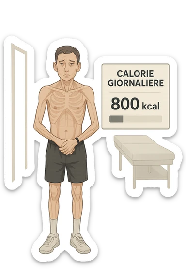 a lean man stands in a clinical setting, with a semi-transparent overlay showing reduced muscle mass and minimal fat stores. His expression is slightly fatigued, and a digital chart beside him displays a low daily calorie intake. The background is clean and modern, emphasizing the effects of a low-calorie diet. con scritte in italiano sticker