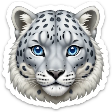 Cinematic-Noble-Snow-Leopard-Portrait-Emoji – Poised and majestic, with a muscular, agile build and a beautifully patterned coat of soft white and grey fur, marked with striking rosettes, deep-set, intelligent icy blue eyes, simplified yet sharp and sophisticated. sticker