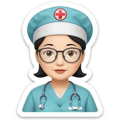 OLD ASIAN WOMAN WITH GLASSES, NURSE SCRUBS, CAP, BLACK HAIR, CHUBBY sticker