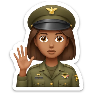 brown-skinned girl in army attire with brown hair, shrugging sticker