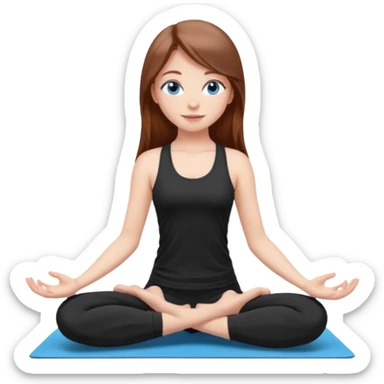 A girl with fair skin and a natural blush. Eyes are large, expressive, blue. Hair is long, straight, chestnut-colored. The smile is soft, friendly, doing yoga in a black top and leggings in a popular pose sticker
