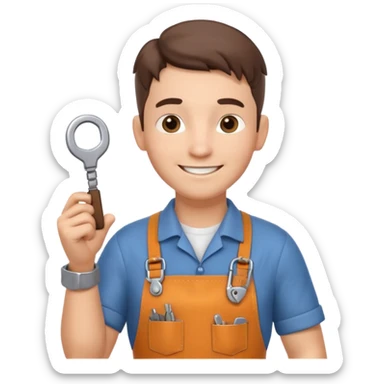 locksmith portrait, head and shoulders only, wearing work apron collar, holding a key near face, friendly confident smile, tool belt strap visible, 3D cartoon, mobile game icon style, clean background, no text, no watermark

 sticker