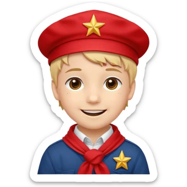 A Soviet pioneer emoji — smiling young boy wearing a bright red tie (pioneer neckerchief) and a red pilotka cap with a small gold star badge. White shirt, neat and cheerful, minimal flat emoji style, simple colors, clear outlines, professional emoji design. sticker