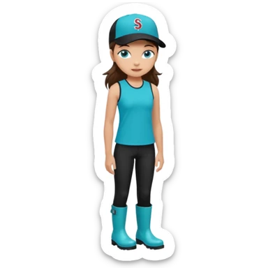 A landscaper in a beautiful turquoise longsleve and turquoise rubber boots, black pants, and a black sleeveless shirt. On her head is a black color Swissotel baseball cap. The girl is a brunette with blue eyes. sticker