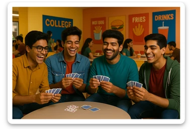 Add a vibrant Indian college canteen background while maintaining the group of boys playing tash as the main subject of the image. sticker