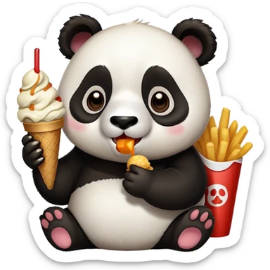Panda eating ice cream and fries and fried chicken with burgers  sticker